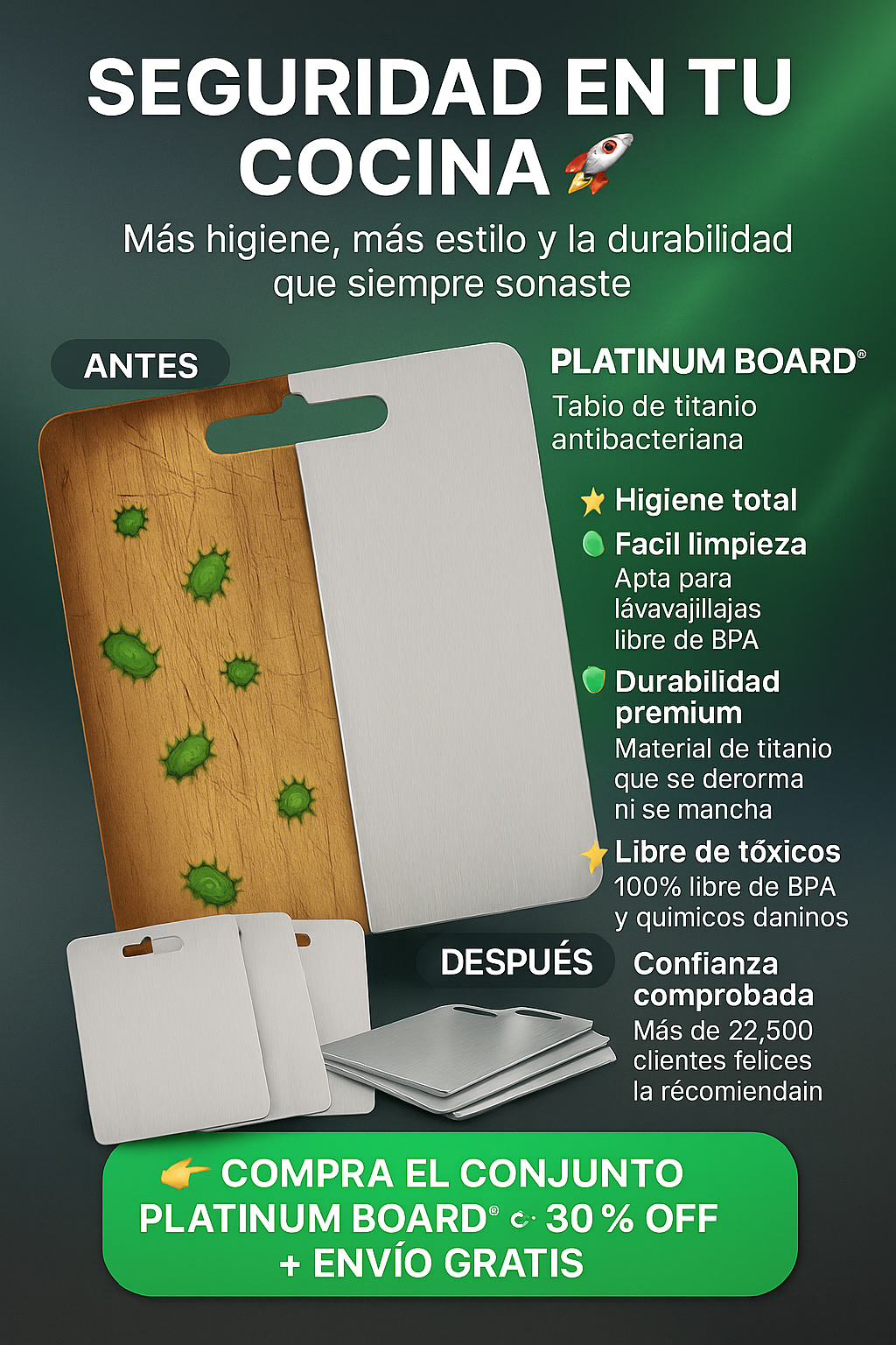 TITANBOARD® ES LA TABLA DE TITANIO ANTIBACTERIANA QUE TE DA HIGIENE, ESTILO Y DURABILIDAD DE POR VIDA.